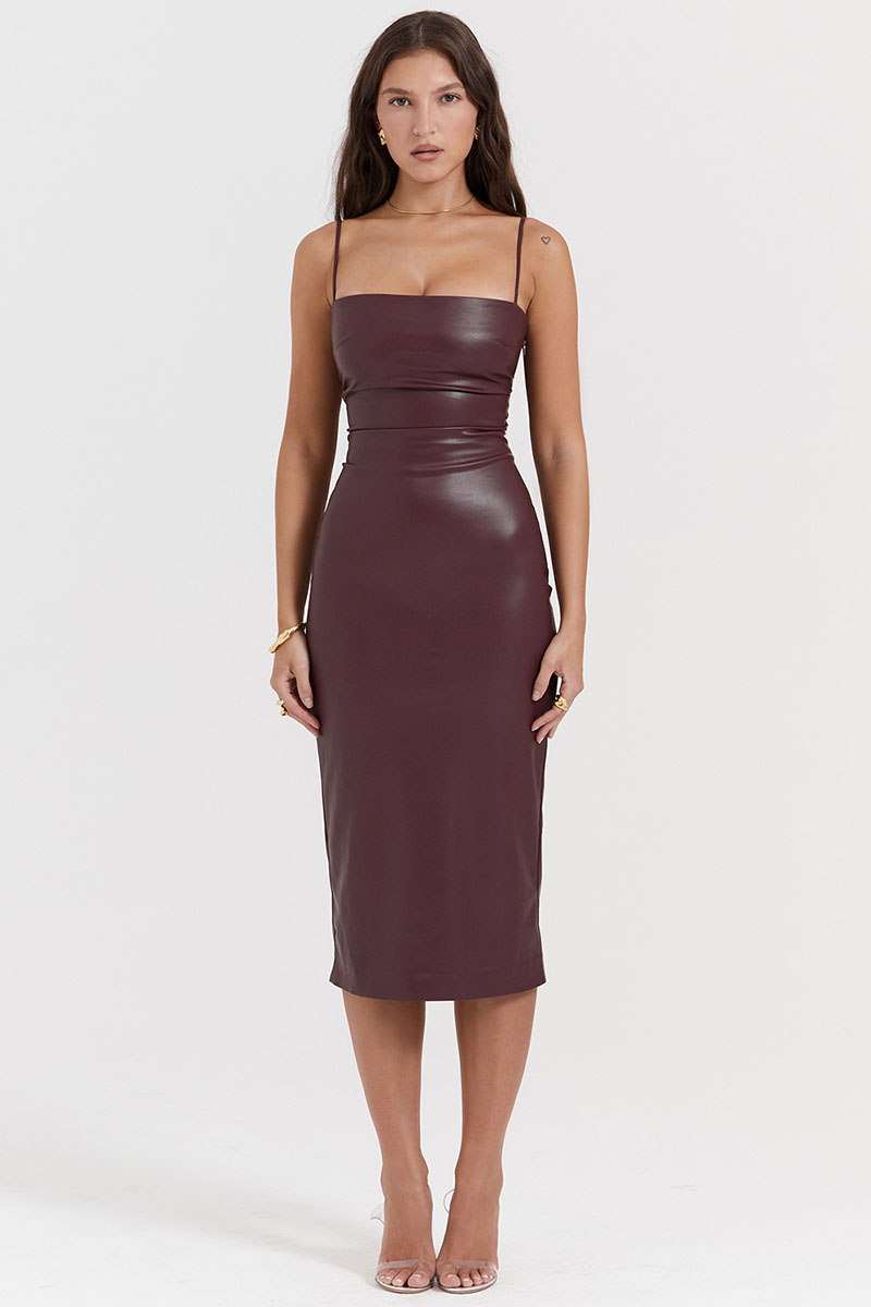 Lace Up Back Cocktail Party Leather Slip Midi Dresses-Hayhty.All Rights Reserved.