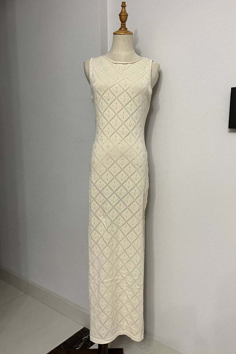 Hollow Out Boat Neck Sleeveless Knitted Bodycon High Slit Cover Up White Maxi Dresses-Hayhty.All Rights Reserved.