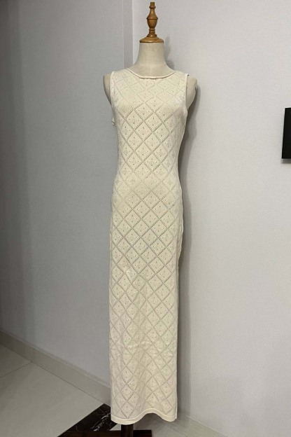 Hollow Out Boat Neck Sleeveless Knitted Bodycon High Slit Cover Up White Maxi Dresses-Hayhty.All Rights Reserved.