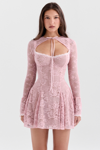 Tie Up Long Sleeve Shrug Lace Slip Mini Dresses Matching Set-Pink-Hayhty.All Rights Reserved.