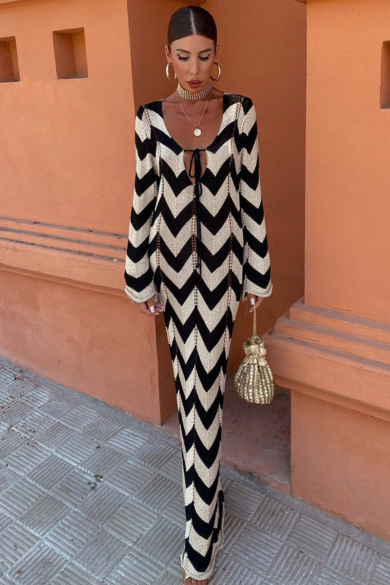 Colorblock Wavy Crochet Long Sleeve Vacation Cover-Up Maxi Dresses-Black-Hayhty.All Rights Reserved.