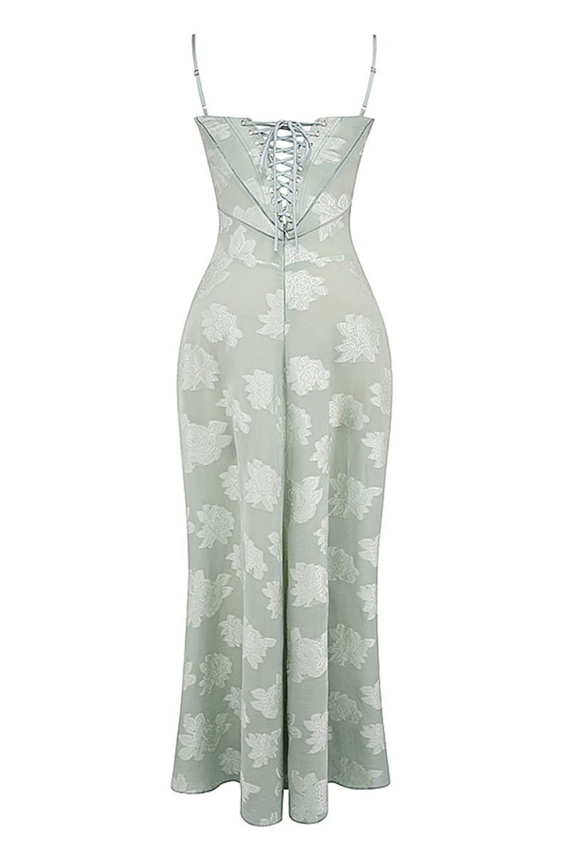 Elegant Floral Print Quilted Lace Up Back Formal Party Flowy Maxi Dresses-Green-Hayhty.All Rights Reserved.