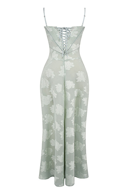 Elegant Floral Print Quilted Lace Up Back Formal Party Flowy Maxi Dresses-Green-Hayhty.All Rights Reserved.