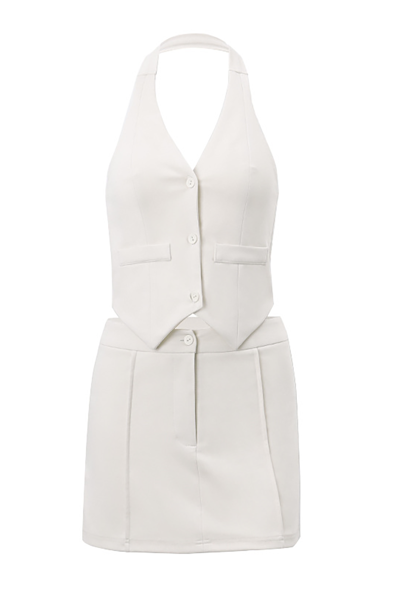Solid Color Button Up Halter Top Mini Skirt Matching Set-Beige-Hayhty.All Rights Reserved.