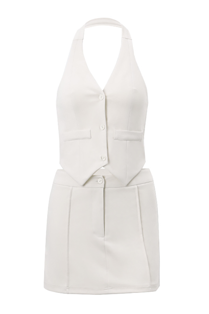 Solid Color Button Up Halter Top Mini Skirt Matching Set-Beige-Hayhty.All Rights Reserved.