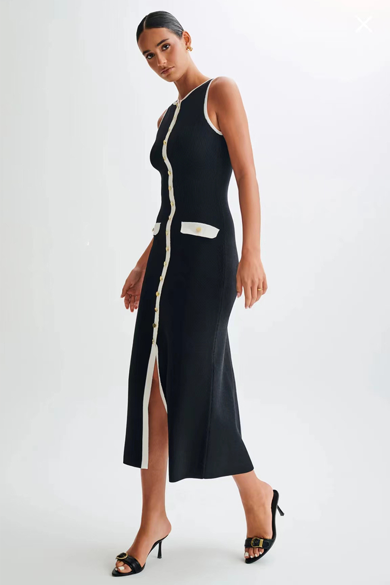 Colorblock Trim Round Neck Slim Fit Button Up Knit Midi Tank Dresses-Black-Hayhty.All Rights Reserved.