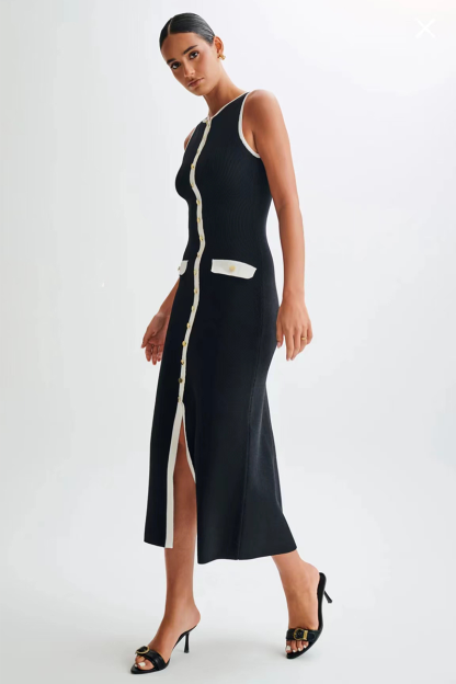 Colorblock Trim Round Neck Slim Fit Button Up Knit Midi Tank Dresses-Black-Hayhty.All Rights Reserved.