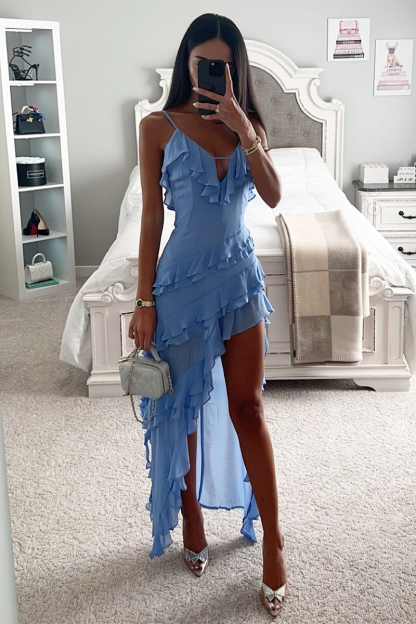 Deep V Neck Asymmetric Flounced Irregular Maxi Strappy Dresses-Blue-Hayhty.All Rights Reserved.