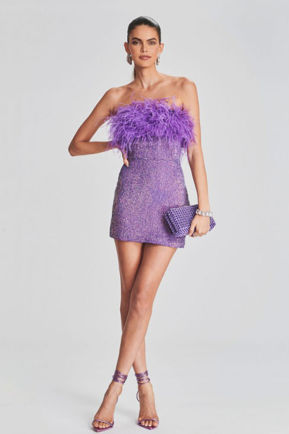 Sequin Strapless Feather Trim Bodycon Mini Party Dresses-Hayhty.All Rights Reserved.