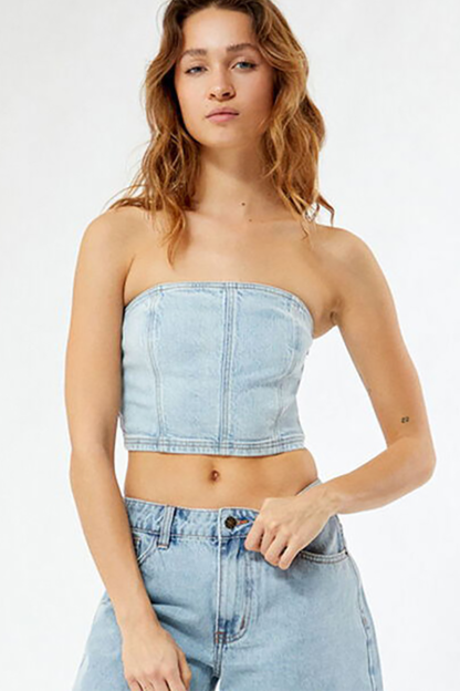 Denim Strapless Boat Neck Crop Top-Blue-Hayhty.All Rights Reserved.