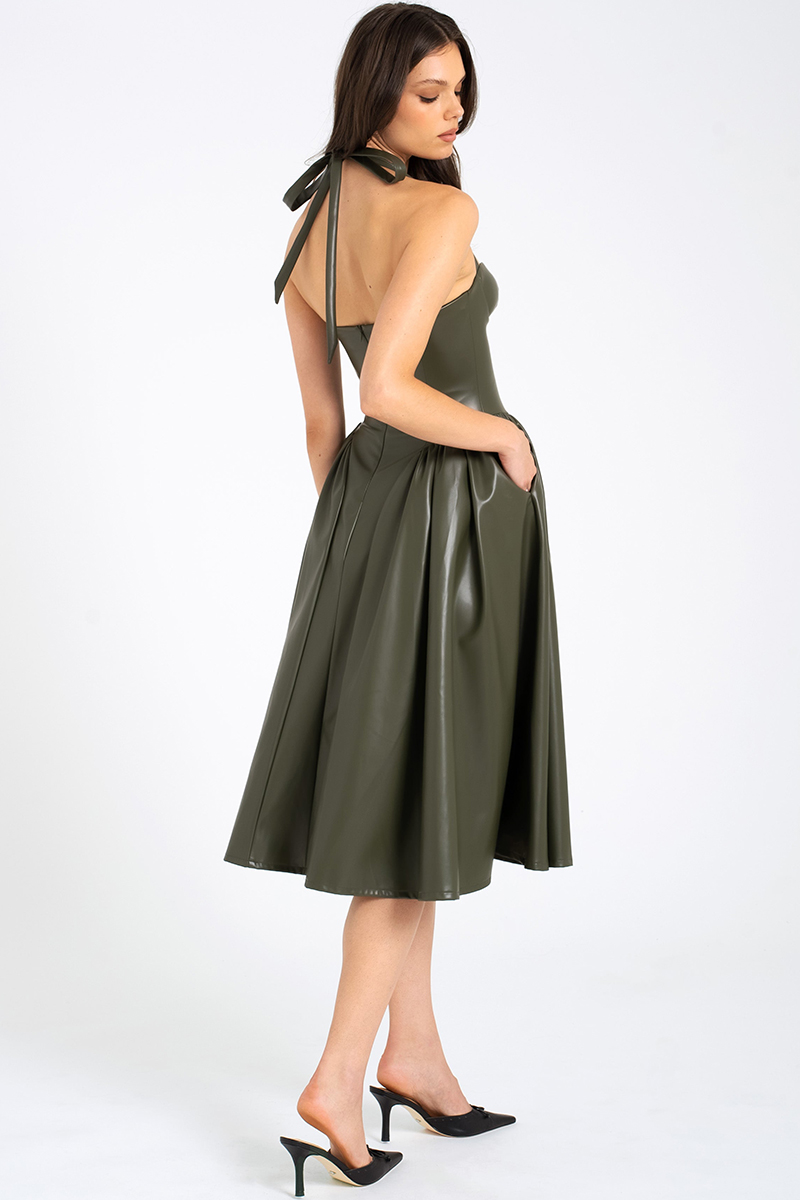 Halter Neck Corset Design Pleated Vegan Leather Midi Dresses-Olive-Hayhty.All Rights Reserved.