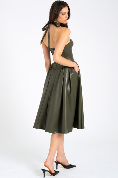 Halter Neck Corset Design Pleated Vegan Leather Midi Dresses-Olive-Hayhty.All Rights Reserved.