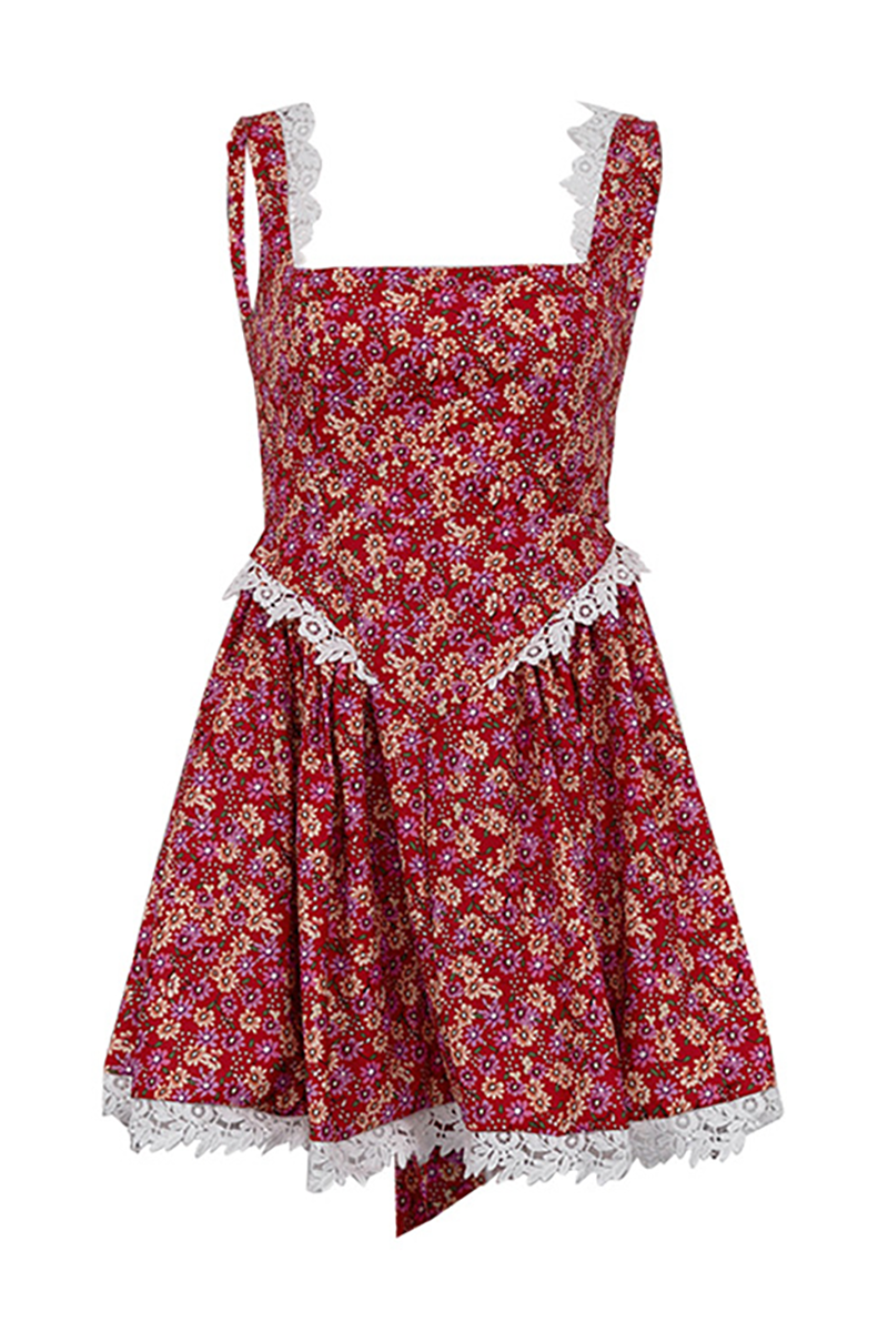 Ditsy Floral Print Lace Patchwork Backless Wide Straps Mini Dresses-Red-Hayhty.All Rights Reserved.