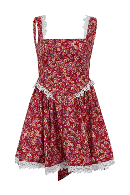 Ditsy Floral Print Lace Patchwork Backless Wide Straps Mini Dresses-Red-Hayhty.All Rights Reserved.
