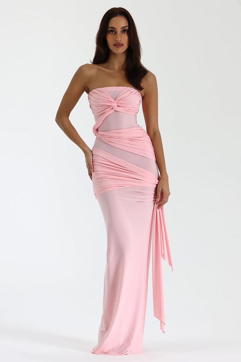 Twisted Ruched Bodycon Side Slit Gowns Strapless Maxi Dresses-Pink-Hayhty.All Rights Reserved.
