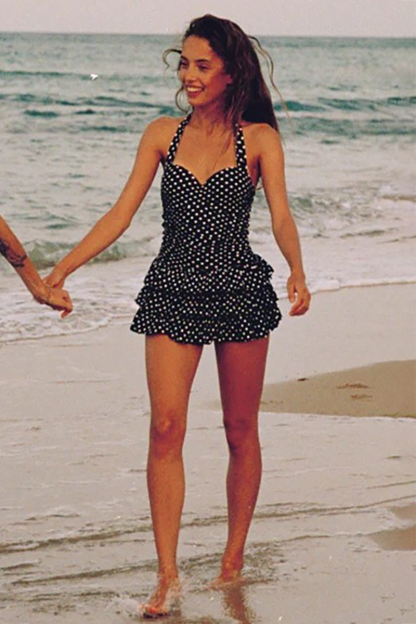Polka Dot Print Cinch Waist Layered Ruffled Swimwear Halter Mini Dresses-White-Hayhty.All Rights Reserved.