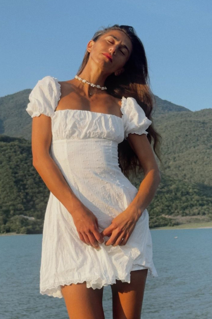 Square Neck Puff Sleeve Striped Godets Mini Dresses-White-Hayhty.All Rights Reserved.