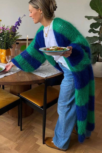 Colorblock Balloon Sleeve Open Front Sweater Long Cardigan-Green-Hayhty.All Rights Reserved.