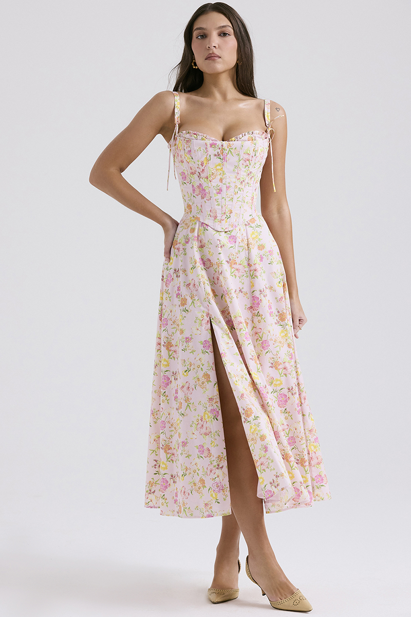 Floral Print Cami Corset A-Line Midi Dresses-Pink-Hayhty.All Rights Reserved.