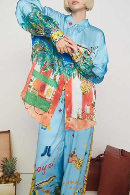 Vacation Mixed Print Turndown Collar Blouse Wide Leg Pants Matching Set-Blue-Hayhty.All Rights Reserved.