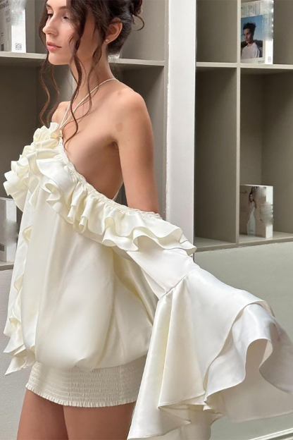 Off Shoulder Ruffled Flare Sleeve Backless Halter Mini Dresses-Ivory-Hayhty.All Rights Reserved.