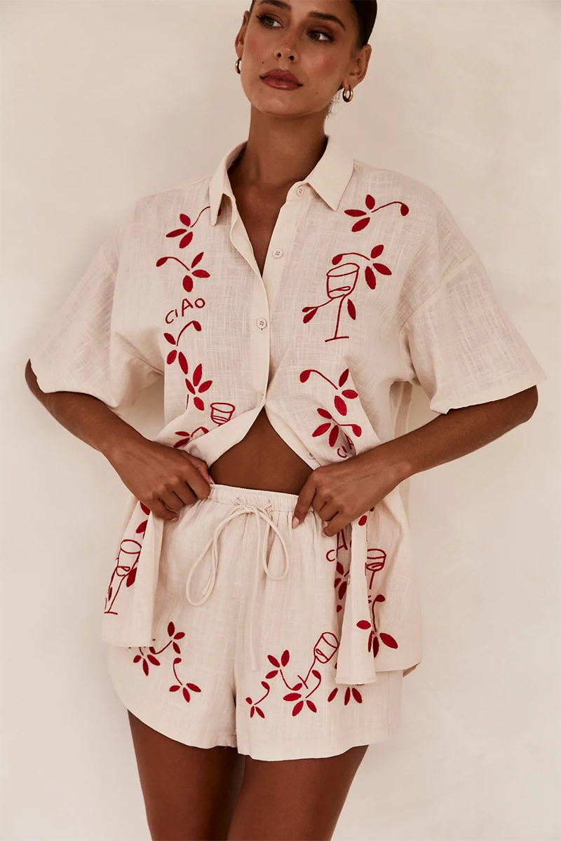 Floral Embroidery Short Sleeve Blouse Elastic Waist Shorts Matching Set-Blue-Hayhty.All Rights Reserved.