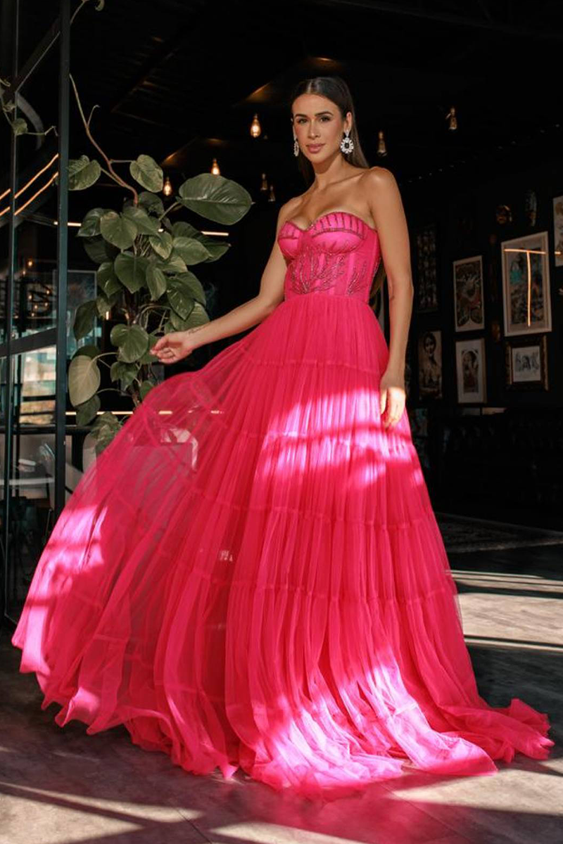 Embroidery Strapless Corset Design Tulle Gowns Maxi Dresses-Pink-Hayhty.All Rights Reserved.