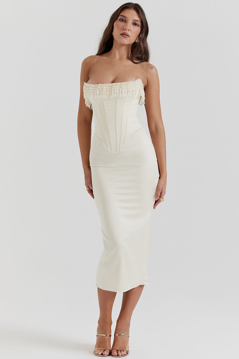 Beads Pearls Fringed Trim Strapless Corset Bodycon Midi Dresses-White-Hayhty.All Rights Reserved.