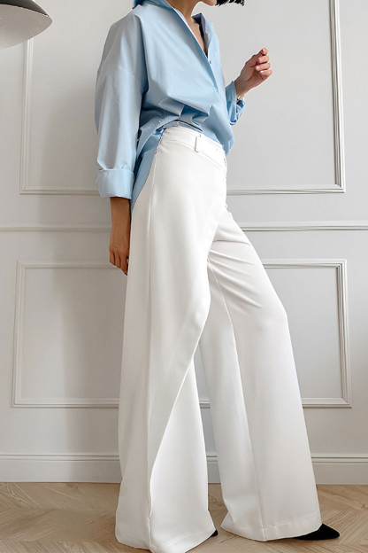 High Waist Overlay Asymmetric Straight Leg Pants-White-Hayhty.All Rights Reserved.