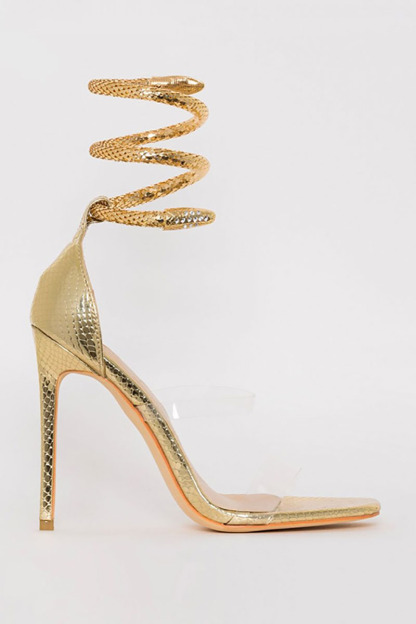 Light Gold Snake Ankle Transparent Strap Stiletto Sandals-Hayhty.All Rights Reserved.