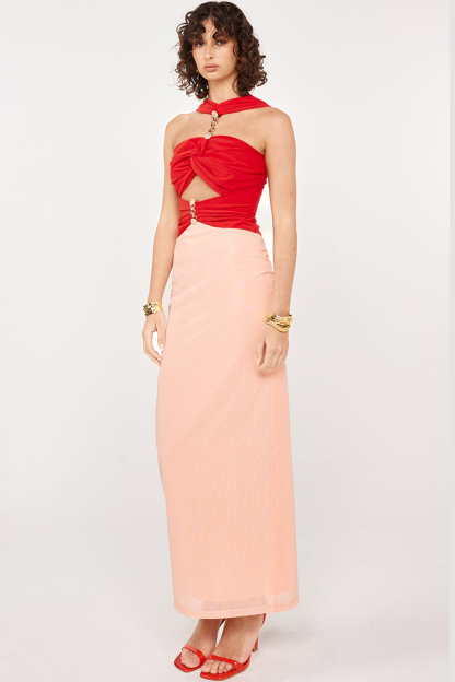 Colorblock Ruched Cutout Slim Fit Sleeveless Maxi Dresses-Red-Hayhty.All Rights Reserved.