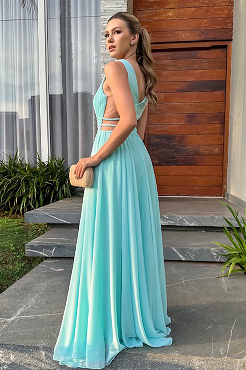 Deep V Neck Cinch Waist Plain Gowns Maxi Tank Dresses-Blue-Hayhty.All Rights Reserved.