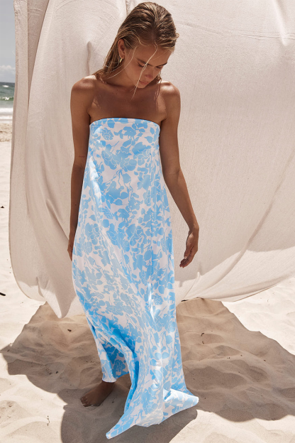 Floral Print Boat Neck Loose Fit Vacation Maxi Tube Dresses-Blue-Hayhty.All Rights Reserved.