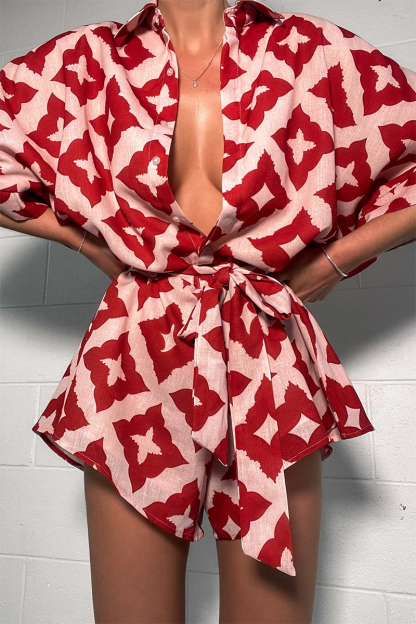 Graphic Print Half Sleeve Tie Belt Loose Fit Casual Playsuit Romper-Red-Hayhty.All Rights Reserved.