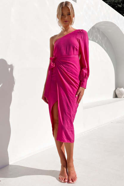 One Shoulder Tie Slit Midi Dresses-Hayhty.All Rights Reserved.