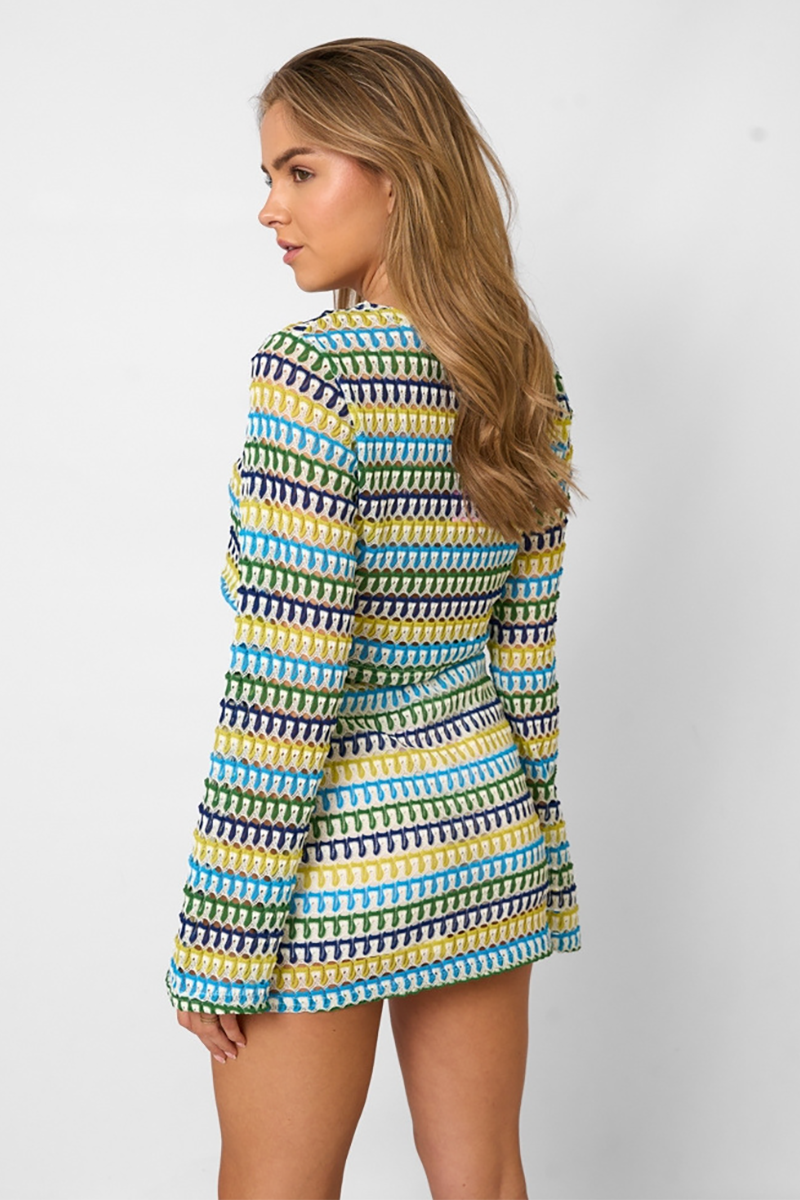 Striped Pattern Lace Long Sleeve Crop Top Bodycon Mini Skirt Matching Set-Blue-Hayhty.All Rights Reserved.