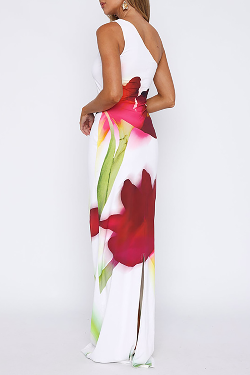 Sleeveless Floral Print Slim Fit One Shoulder Maxi Dresses-White-Hayhty.All Rights Reserved.
