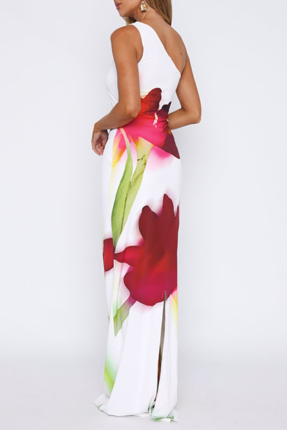 Sleeveless Floral Print Slim Fit One Shoulder Maxi Dresses-White-Hayhty.All Rights Reserved.