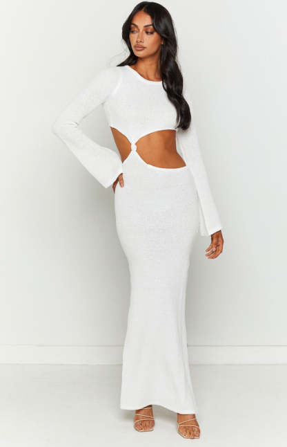 Knitted Cutout Long Sleeve Slit Maxi Dresses-Hayhty.All Rights Reserved.
