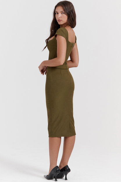Square Neck Short Sleeve Bodycon Solid Color Midi Dresses-Green-Hayhty.All Rights Reserved.