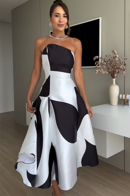Colorblock Strapless A-Line Cocktail Party Midi Dresses-Black-Hayhty.All Rights Reserved.