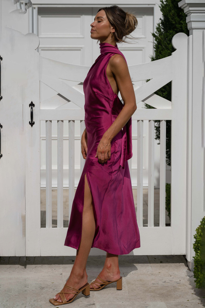 High Halter Open Back Slit Midi Dresses-Hayhty.All Rights Reserved.
