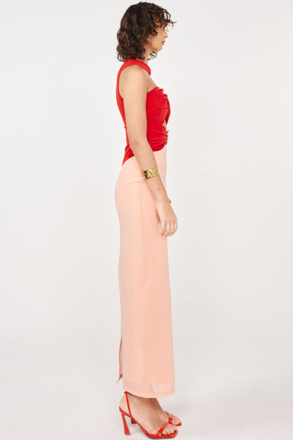 Colorblock Ruched Cutout Slim Fit Sleeveless Maxi Dresses-Red-Hayhty.All Rights Reserved.
