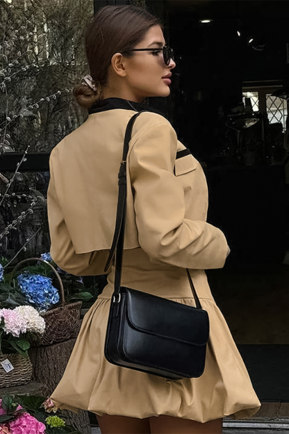 Mock Neck Crop Jacket Cinch Waist Bubbled Hem Mini Skirt Matching Set-Khaki-Hayhty.All Rights Reserved.