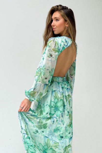Deep V Neck Cutout Floral Print Ring Decor Long Puffy Sleeve Backless Vacation Maxi Dresses-Hayhty.All Rights Reserved.