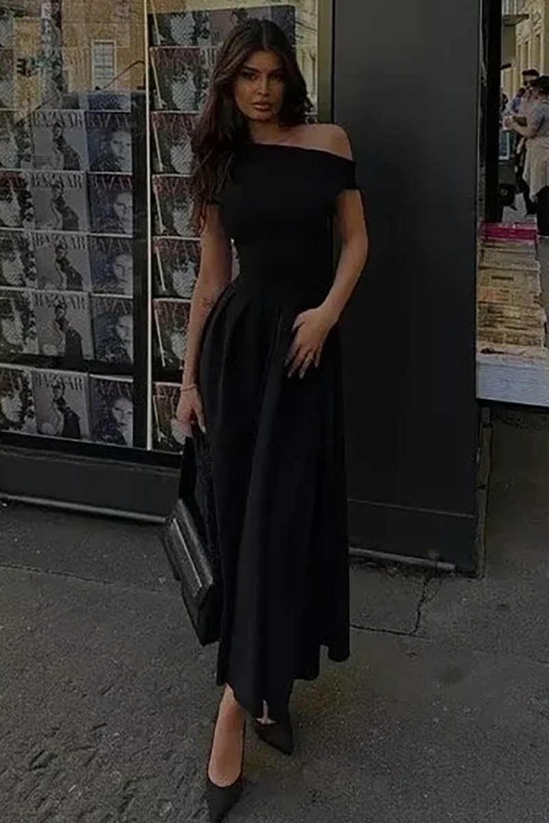 Skew Neck Short Sleeve Cinch Waist Pleated Hem Maxi Dresses-Green-Hayhty.All Rights Reserved.