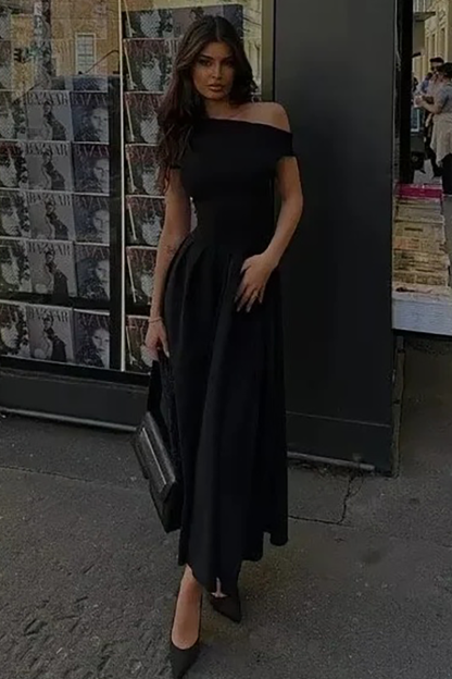 Skew Neck Short Sleeve Cinch Waist Pleated Hem Maxi Dresses-Green-Hayhty.All Rights Reserved.