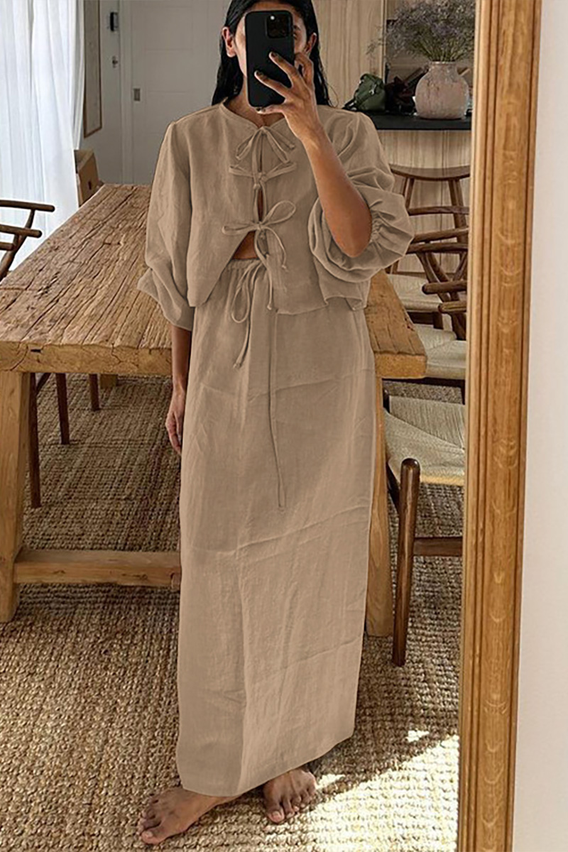 Puff Sleeve Front Tie Up Blouse Solid Color Maxi Skirt Matching Set-Brown-Hayhty.All Rights Reserved.