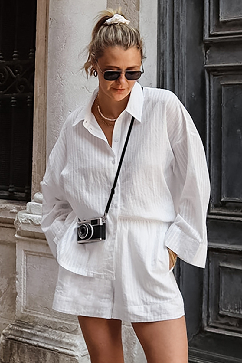 Striped Print Long Sleeve Loose Fit Blouse Casual Shorts Matching Set-White-Hayhty.All Rights Reserved.