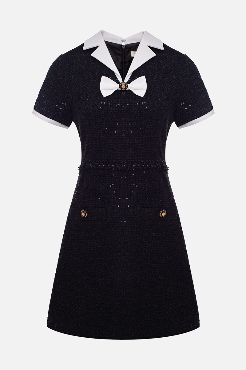 Colorblock Short Sleeve Lapel Collar Sequin Mini Dresses-Black-Hayhty.All Rights Reserved.